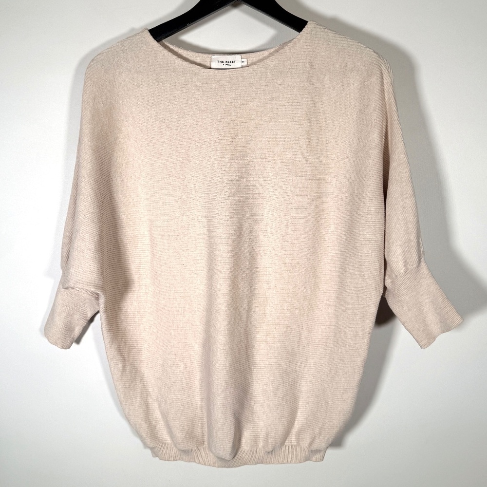 The Reset - Ribbed Batwing Knit Top Neutral Beige Short Sleeve Sweater Size XS